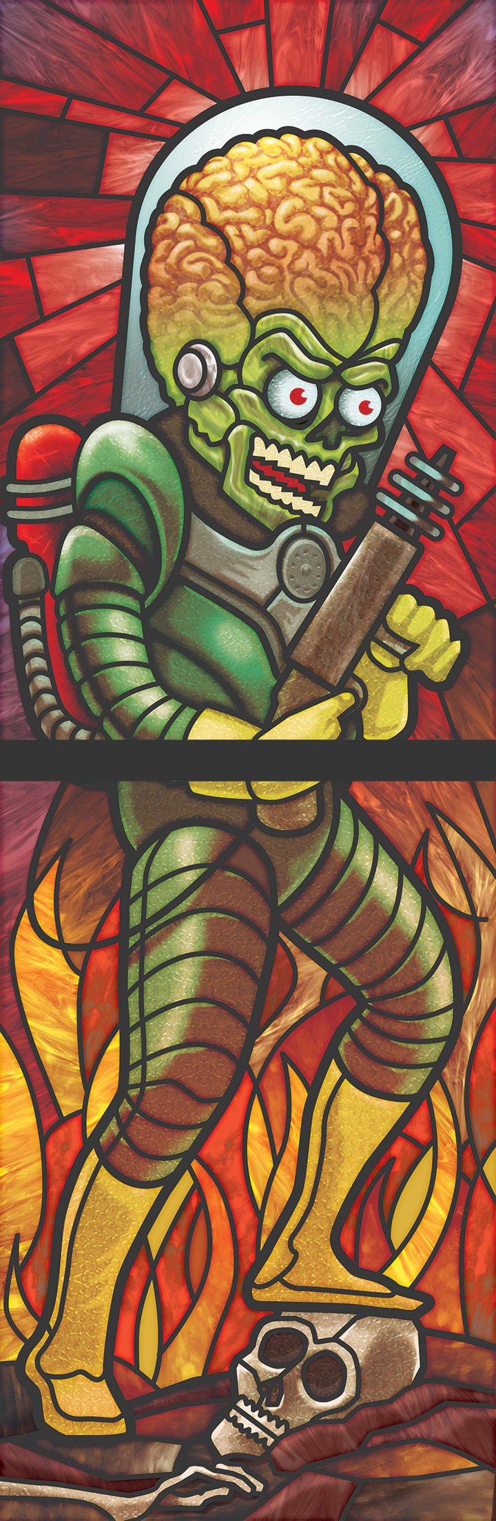 Heaven and Hell stained-glass illustration, panel 4 — Mars Attacks